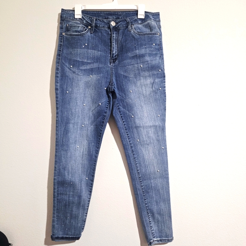 Seven7 High Rise Skinny Pearl Embellished Blue Jeans 14